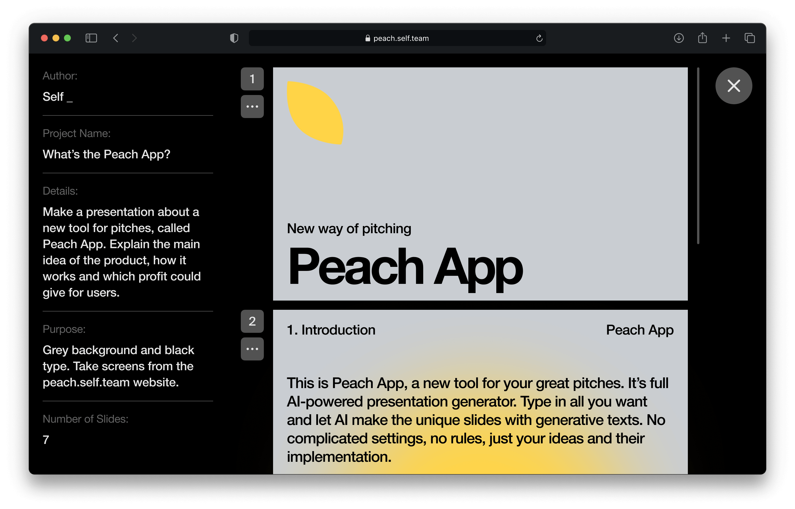 Peach App example screen
