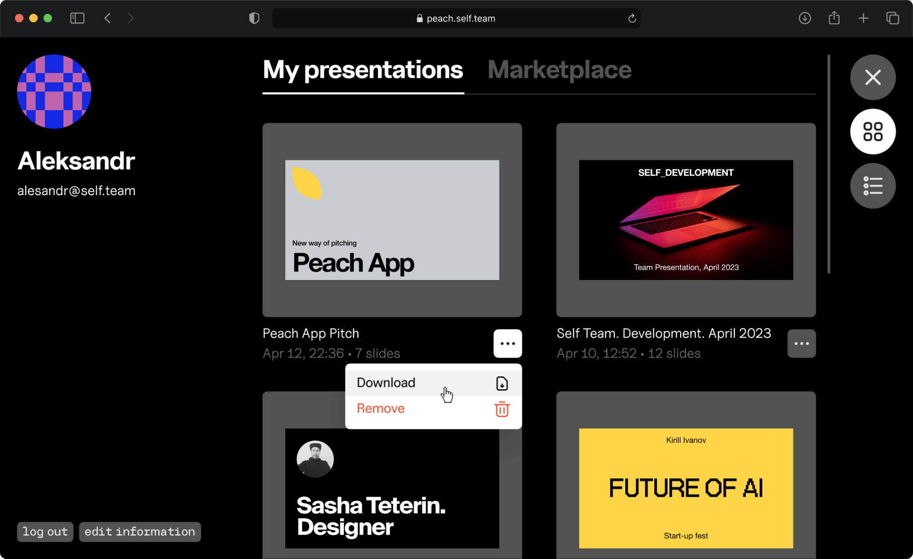 Peach App presentations list